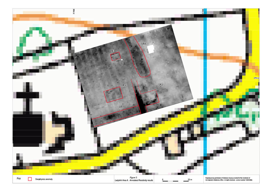 Figure 3: Ladykirk Area A, annotated Resistivity results