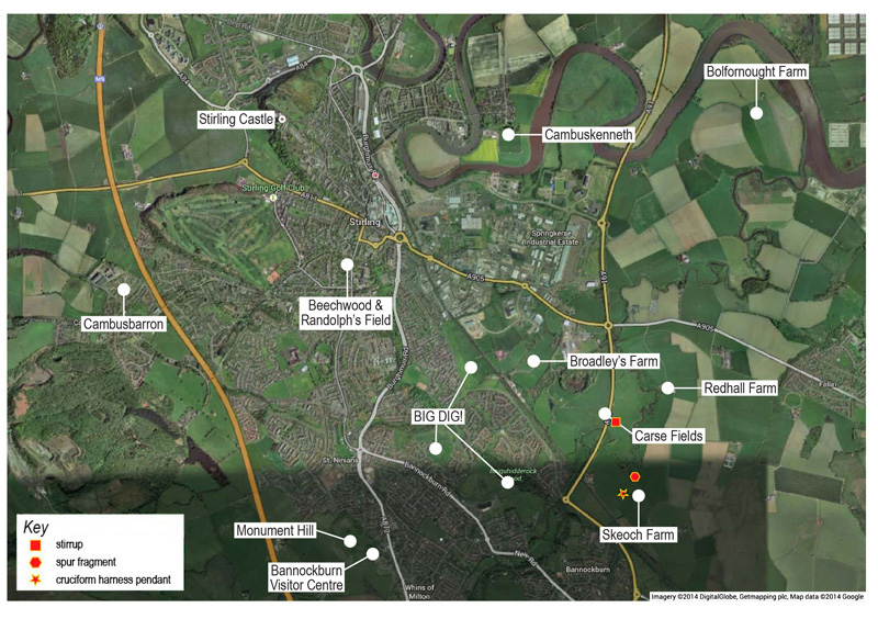 Map showing the various sites investigated around Bannockburn and the new archaeological find spots