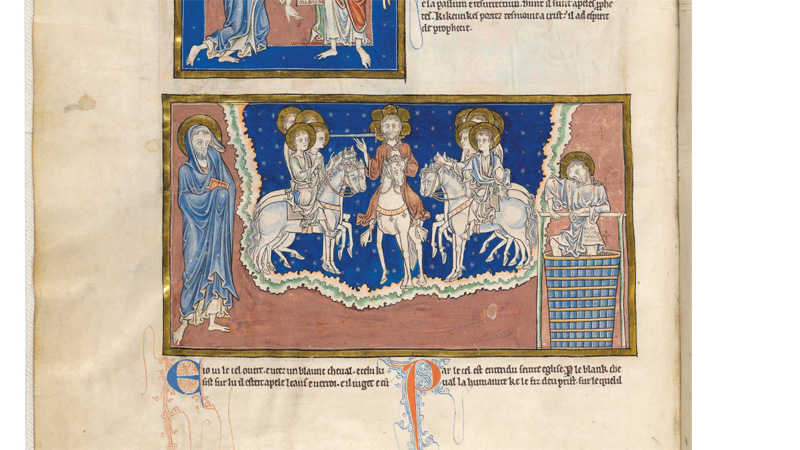 Image from a thirteenth century manuscript, the Trinity Apocalypse, showing cross pendants on the horse harness of the central figure. © Master and Fellows of Trinity College, Cambridge. Licensed under Creative Commons Attribution-Non Commercial 4.0 International Public License.
