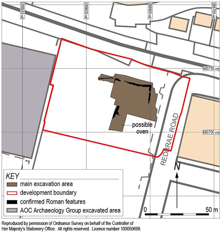 Confirmed Roman features highlighted in the excavated area