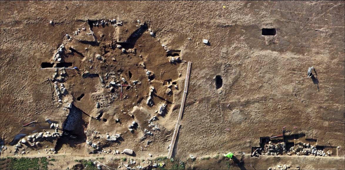 Aerial view of Iron Age round-houses